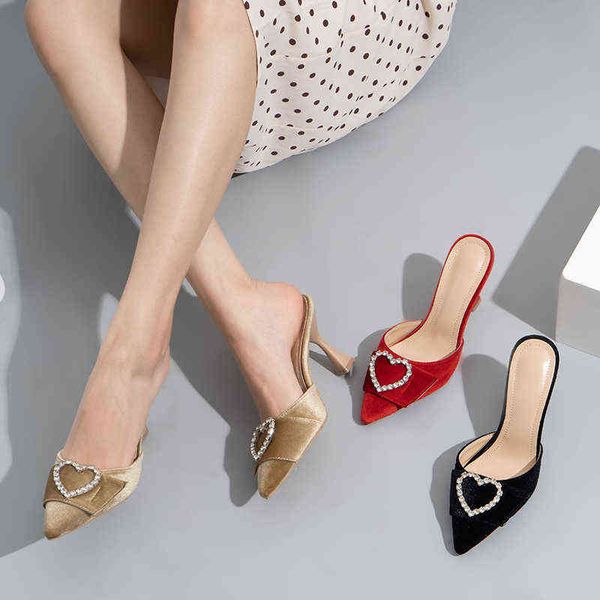 

slippers women shoes versatile pointed high heels luxury rhinestone love buckle shallow mouth sandals beach thin heel flip flops 220310, Black