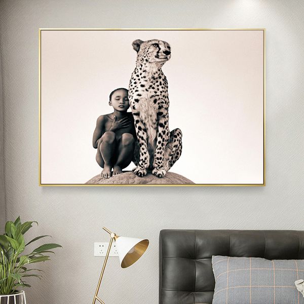 Leopard und Kind Poster und Drucke Porträt Tierbilder für Zuhause Wandkunst für Wohnzimmer Dekoration KEIN RAHMEN