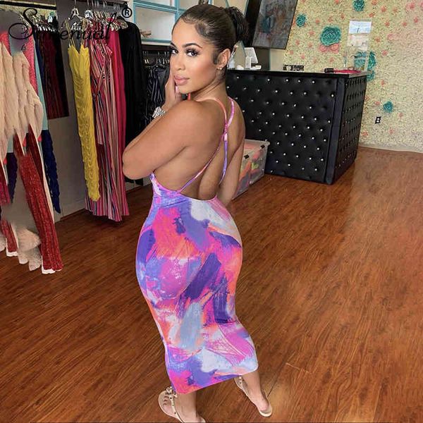 

simenual backless criss cross midi dresses women strap sleeveless party clubwear tie dye print skinny bodycon dress new x0521, Black;gray