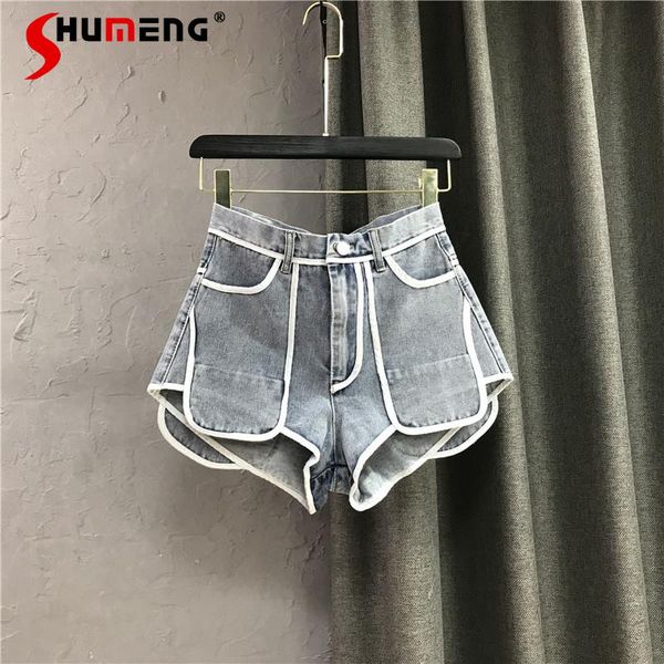 

spring summer european high waist female shorts contrast color ins slimming a- line fashion short pants women's jeans, Blue
