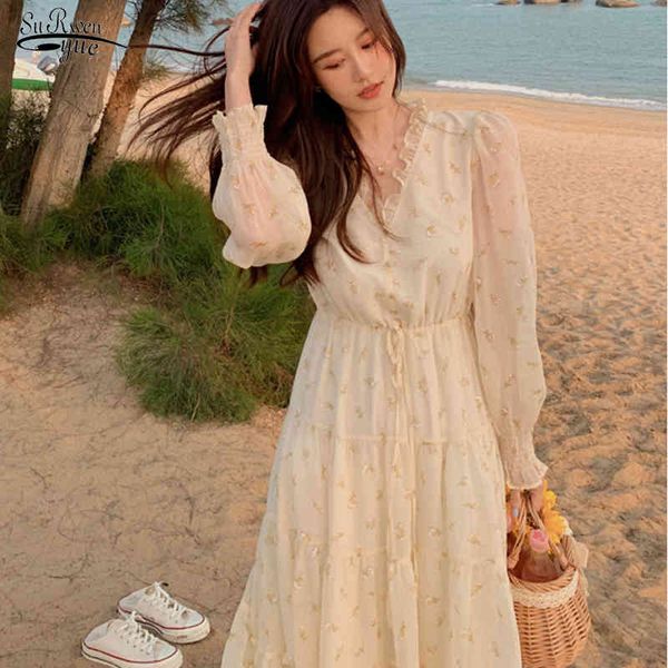 

puff sleeve chiffon beach dress printing chic elegant v neck party dress apricot floral women dresses robe femme 14695 210518, Black;gray