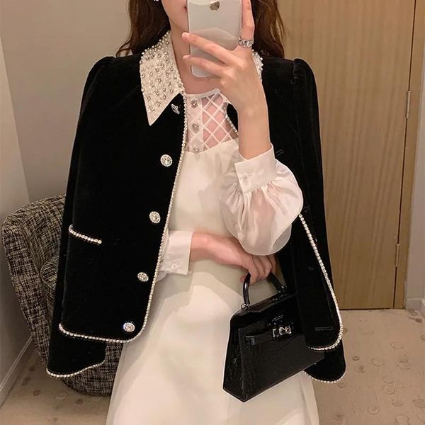 

women's jackets autumn elegant temperament jacket women lapel bordered line contrast color chic button loose pocket cardigan short coat, Black;brown