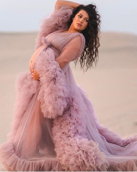 Baby Rosa Puffy Long Sleeves Ballkleider Rüschen Robe Tüll Abgestuftes Abendkleid Cutsom Made Plus Size Party Roben Fotoshooting Vestidos