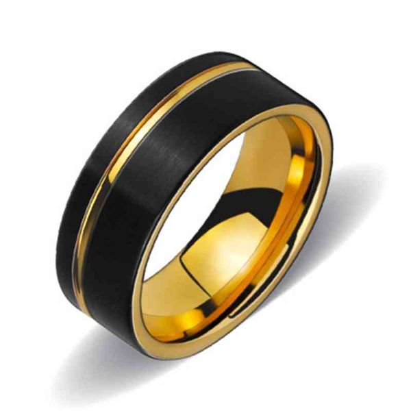 

Ring Fashion Tungsten Steel Black + Gold Two-color Personalized Partial Groove Men's Straight, Silver