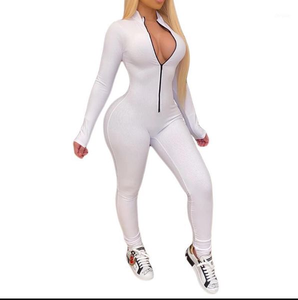 Frauen Overall-spielanzug 2021 Frauen Frühling Sommer Solide Rollkragen Volle Hülse Zipper Dünne Lange Fitness Bodysuit Weibliche Dünne Jogger