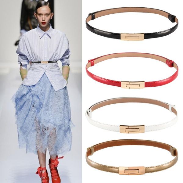 

belts fashion women patent leather bright straps female adjust waistband gold buckle fancy thin waist for dress wedding party, Black;brown