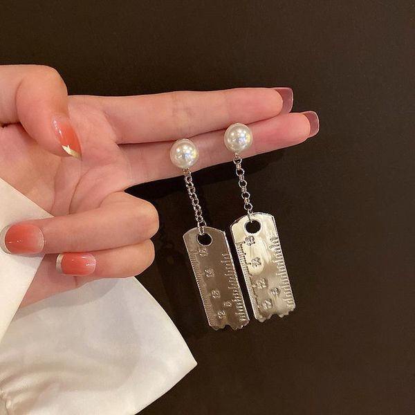 

origin summer unique design metal ruler pearl dangle earrings for women funny silver color earring party jewellery gifts & chandelier