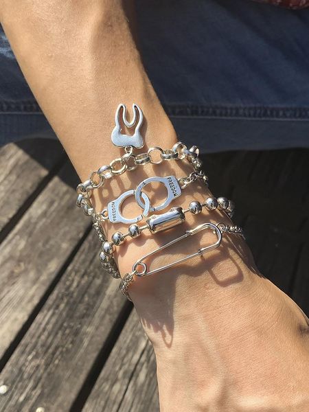 

link, chain bracelet for men men's hip-hop style geometric design sense of retro street high temperament, Black