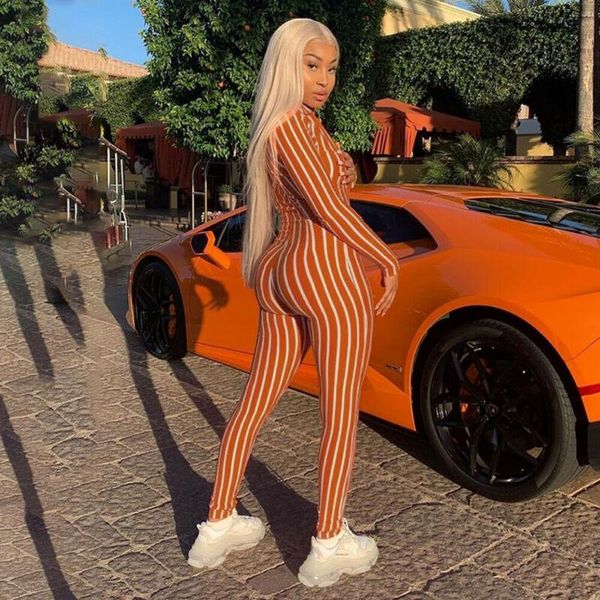 

women's jumpsuits & rompers 6 styles high street fashion womens long sleeve v neck stripe bodycon jumpsuit female slim fit playsuits cl, Black;white