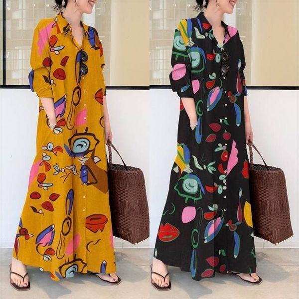 

elegant printed shirt autumn sundress womens dresses zanzea casual long sleeve maxi vestido female lapel button robe plus size, Black;gray