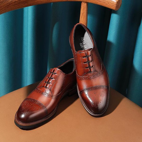 

dress shoes brand genuine wingtip leather oxford pointed toe lace-up oxfords brogues men wedding business platform size 44, Black