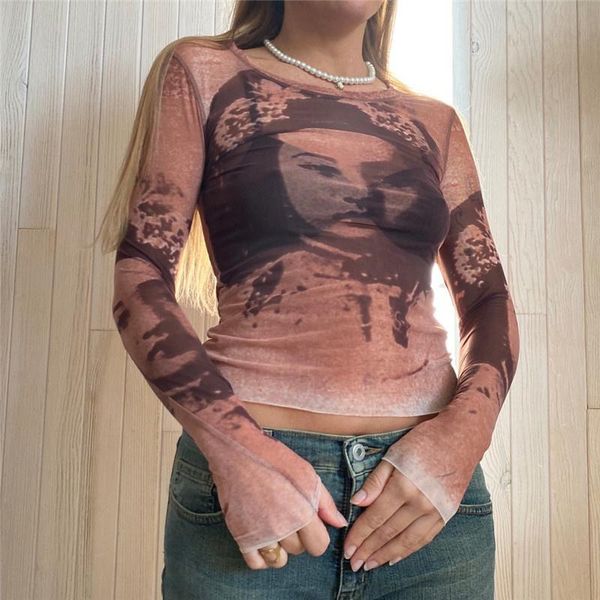 

women's t-shirt basic mesh print women t-shirts autumn grunge fairy ruffle see-through stretch slim soft tee shirts mujer 2021, White
