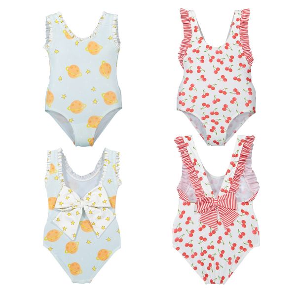 Bodysuit bebê bodysuit bikini criança infantil meninas sem costas padrão impresso maiô com laço swearwear spa natação chapéu