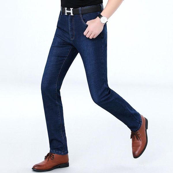 

thick jeans men's business straight high waist elastic pants autumn and winter korean casual, Blue