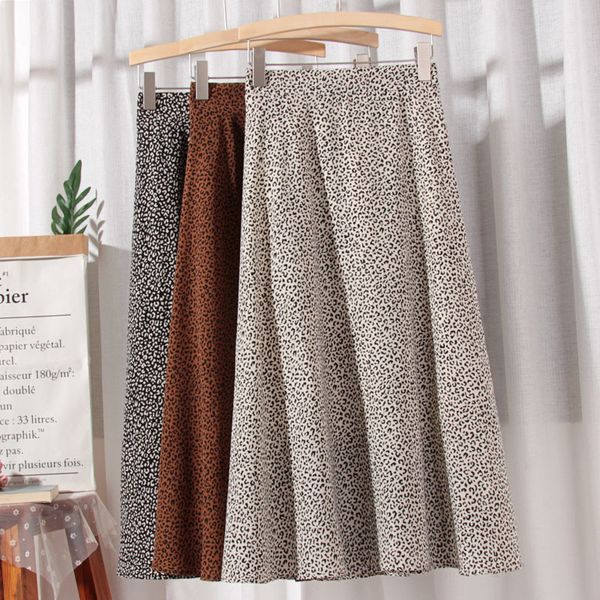 

skirts autumn leopard print a-line long women's korean-style slim elastic waist fashion pleated mid-calf 7vba, Black