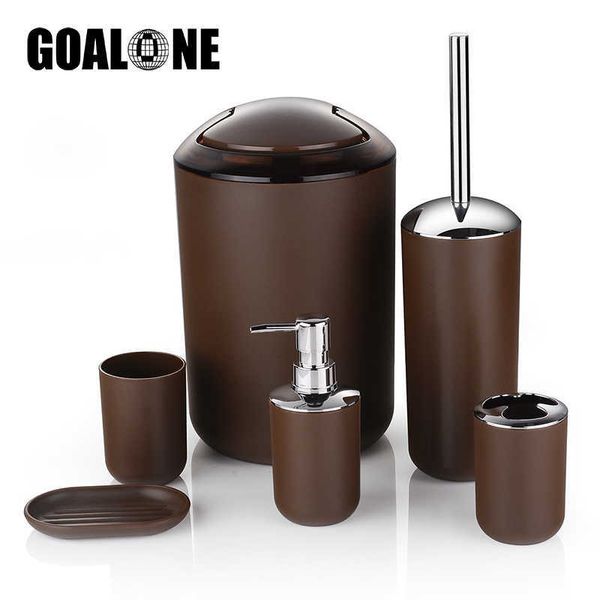 Goalone 6 pcs / set luxo acessórios de banheiro de plástico titular de escova de telecha do copo DISPENSER DISH PROCO BANHEIXO Pincelada Lata de lixo 210709