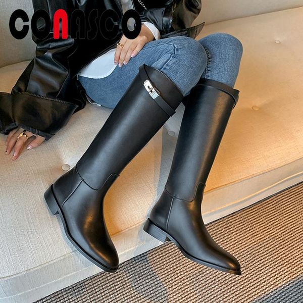 

boots conasco fashion genuine leather women knee-high autumn winter concise metal decoration shoes woman casual long, Black