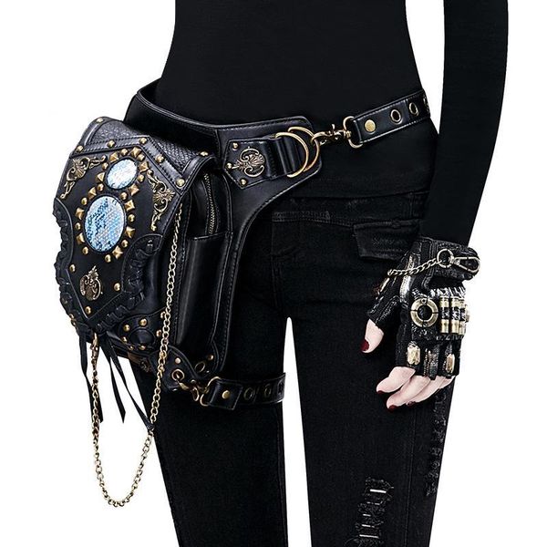 

johnature steampunk chain rivet waist pack 2021 moto & biker belt bag multifunctional pu leather shoulder bags
