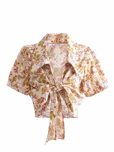 

women's blouses & shirts women retro flowers print crop shirt bow short sleeve 2021 summer fashion lady chic sweet self-cultivation cas, White