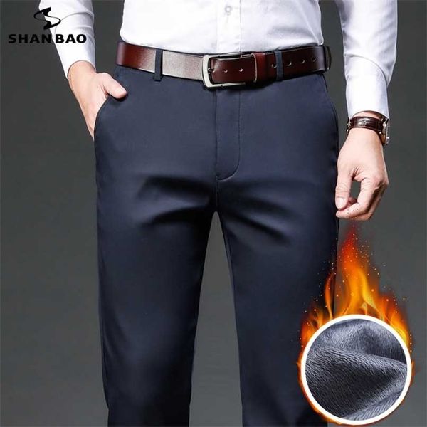 

shan bao winter brand fleece thick warm fit straight trousers business casual men's high waist lyocell classic pants 211201, Black