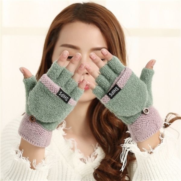 

32fq winter women' knitting flip half mittens fingerless touch screen warm gloves and warm wool open finger gloves, Blue;gray