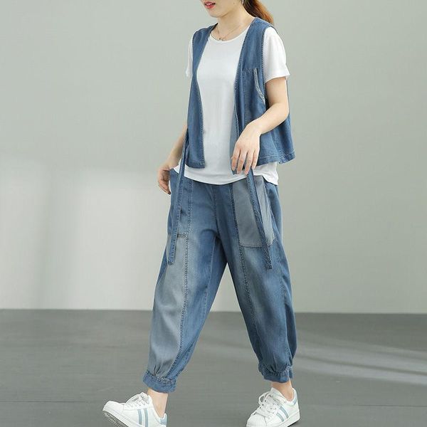 

women's two piece pants 2021 summer women casual denim suits white t-shirt+lace-up vest jacket+nine-point harem female three set aq820