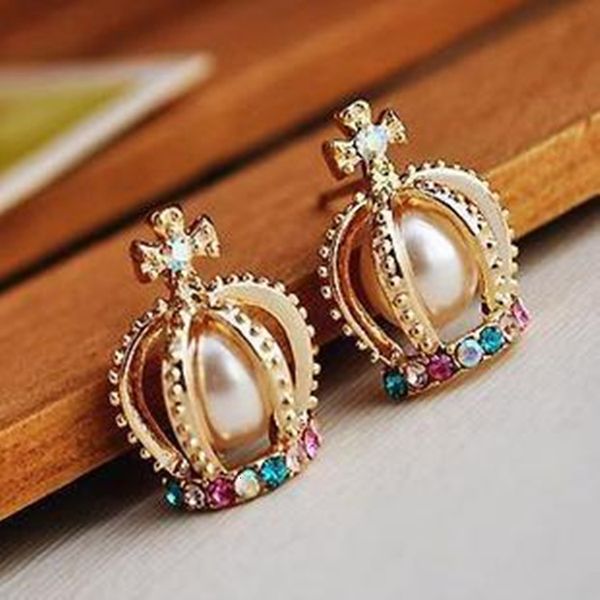 

jewelry french court pearl cross crown earrings, Golden