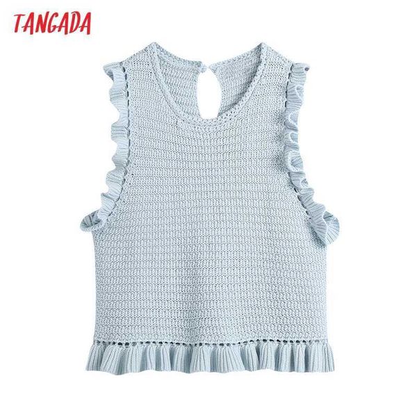 Tangada Femmes Sweet Blue Ruffled Cropped Knit Crochet Gilet Pull Vintage Sans manches Femme Gilet Chic Tops BE750 210609