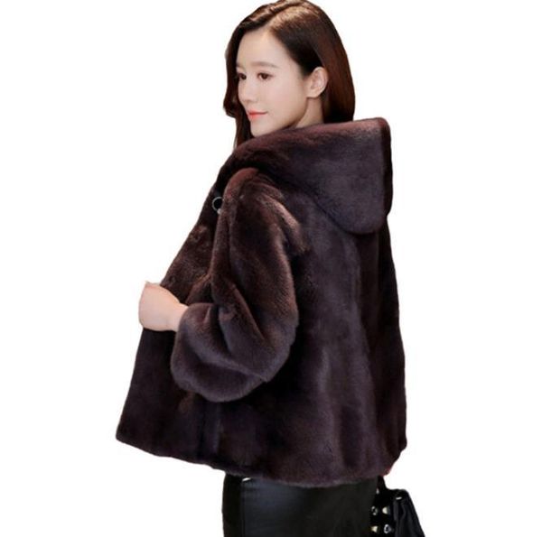 

women's fur & faux l/9xl women imitation jackets short section hooded winter autumn warm long sleeved fake mink outwears coats j3407, Black