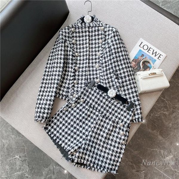 

women's tracksuits two piece shorts sets women houndstooth woolen tassel stand collar coat with high waist a- line short 2021 autumn an, Gray