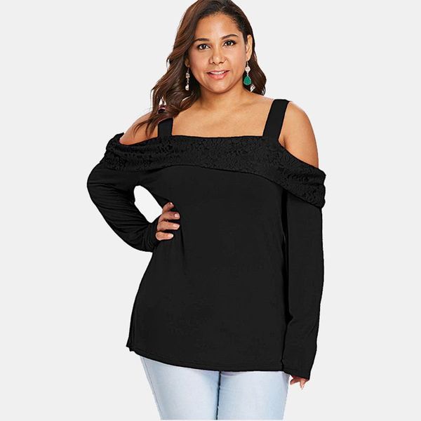 

women's t-shirt off shoulder autumn large size women lace spaghetti strap long sleeve tees female pink plus xl-5xl, White