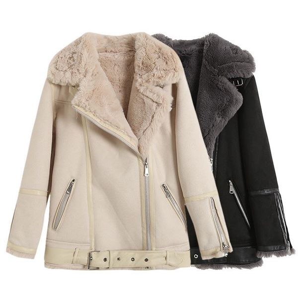 

women's fur & faux winter jacket women long sleeve belt warm suede leather loose thick lamb wool coat female motorcycle clothing, Black