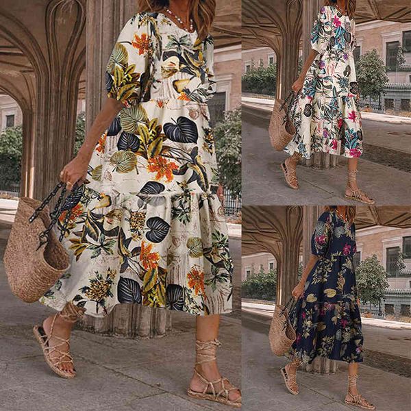 

2021 spring and summer new women's long skirt printed round neck short sleeve loose dress, White;black