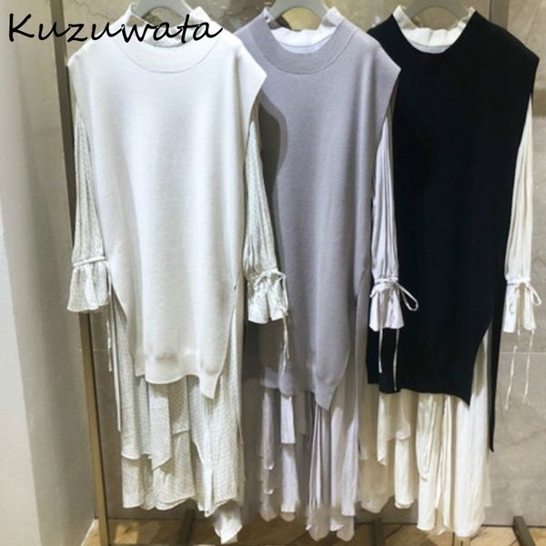 

kuzuwata fashion new 2 pcs women set solid split knit vest + flare sleeve drawstring chiffon shirt dress spring autumn suit 210407, White