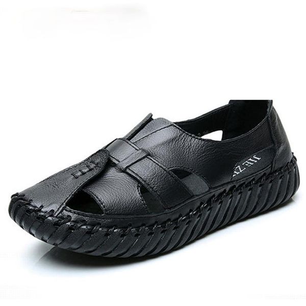 

sandals women 2021 summer genuine leather handmade ladies shoe for flat shoes retro style mother, Black