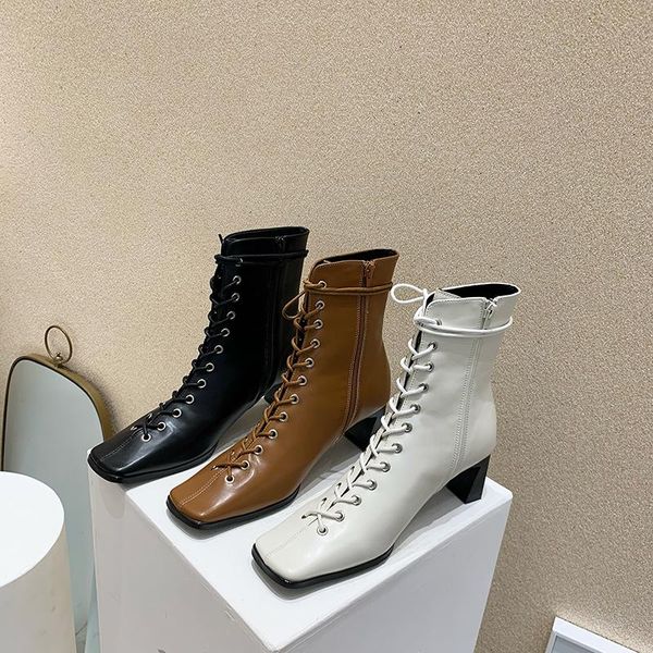 

boots square toe women ankle pu leather thick heels cross tied lace up side zipper winter woman, Black