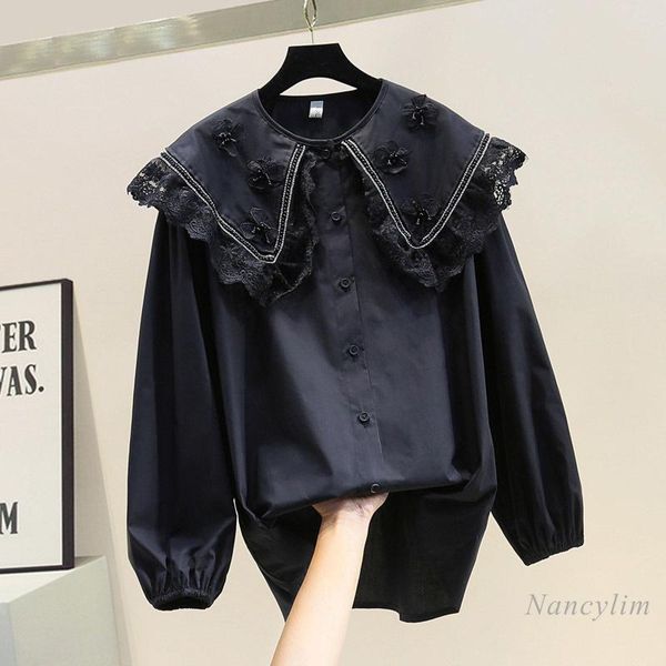 

women's blouses & shirts beaded lace shirt woman 2021 spring and autumn loose all-match lady's bow doll collar blouse blusas black, White
