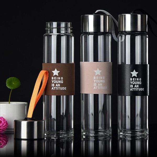 

water bottles transparent glass hand-held large heat insulation leather da
