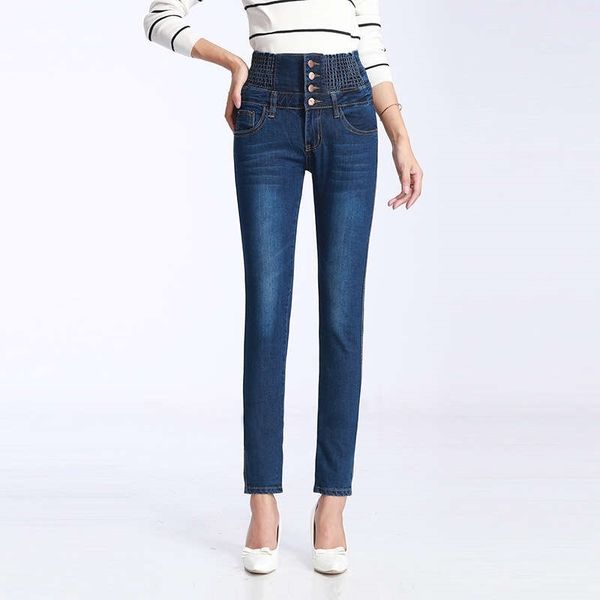 

women's jeans 1elastic high waist breasted trousers autumn korean version of small foot pencil pants ogtt, Blue