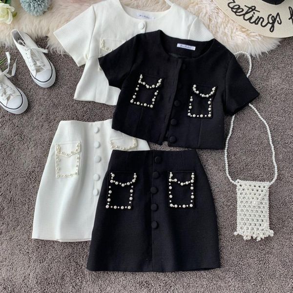 

two piece dress taotrees autumn round neck beaded a-line skirt two-piece suit women, White