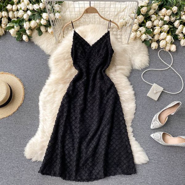 

spaghetti strap backless medium length dress summer party dresses women evening v-neck club style robe pearl 210513, Black;gray