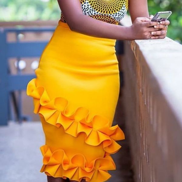Женщины с высокой талией юбки оборманы эластичные корпусные карандаш вечеринка мода весенние летние африканские элегантные Jupes Falads Saias плюс размер 210416