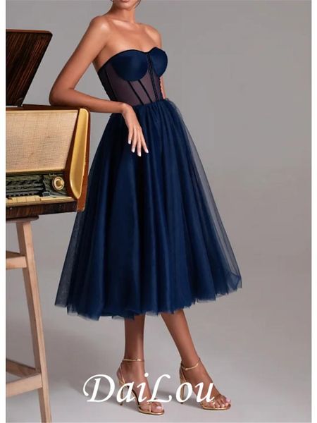 

party dresses a-line cocktail prom dress sweetheart neckline sleeveless tea length tulle with pleats 2021, White;black
