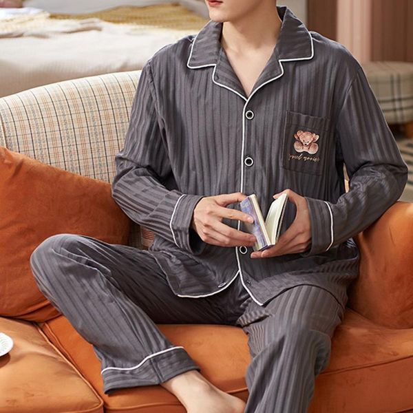 

men's sleepwear men pajamas big size cotton long sleeved plain lounge set 3xl plus fashion autumn winter pyjamas, Black;brown