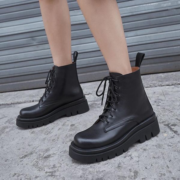 

boots size 34-43 2021 woman real leather ankle fashion shoes short winter warm platform heel footwear 41 421, Black