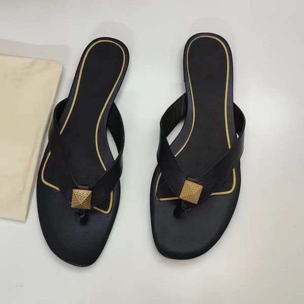 

official website 70% off outlet flip flops genuine leather casual luxury brand shoes slides flat slippers for women sale, Black