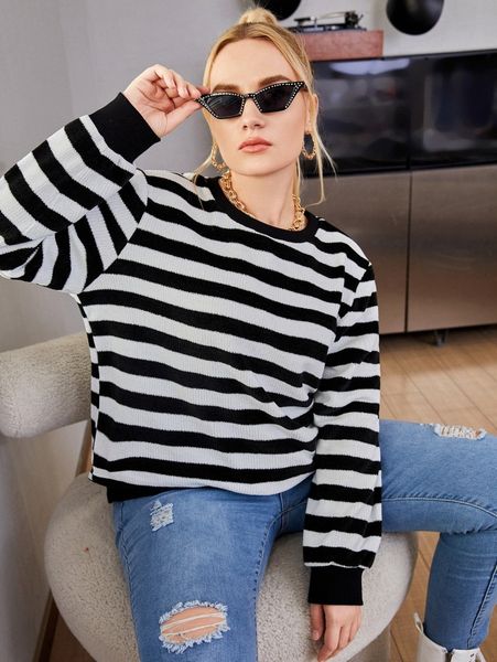 

plus striped crew neck sweatshirt 51l1#, Black