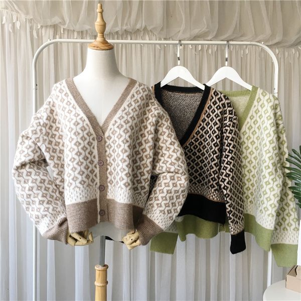 

women's sweaters 2021fall winter women casual oversized v neck thick warm plaid cardigan knit sweater coat spsk, White;black