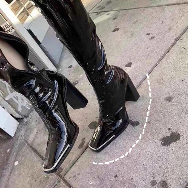 

boots same metal square head patent leather high tube below knee women's super heeled knight thick, Black