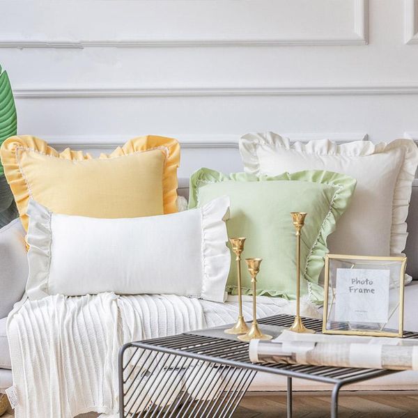 

white/green/yellow lotus lace frill cushion cover sofa ruffle fringe throw pillowcase cotton linen lumabr pillow cushion/decorative